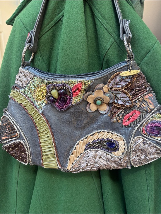 Mary Frances Handbags - Mary Frances Gray Multicolor Beaded Floral Appliqué Shoulder Bag